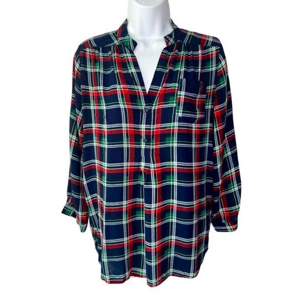 Market & Spruce Women’s M 1/4 Button Front V Neck Plaid Top - Picture 1 of 8